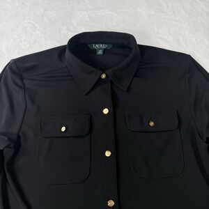 Lauren Ralph Lauren Women's Shirt Blouse Small Black Gold Buttons Roll Up Sleeve